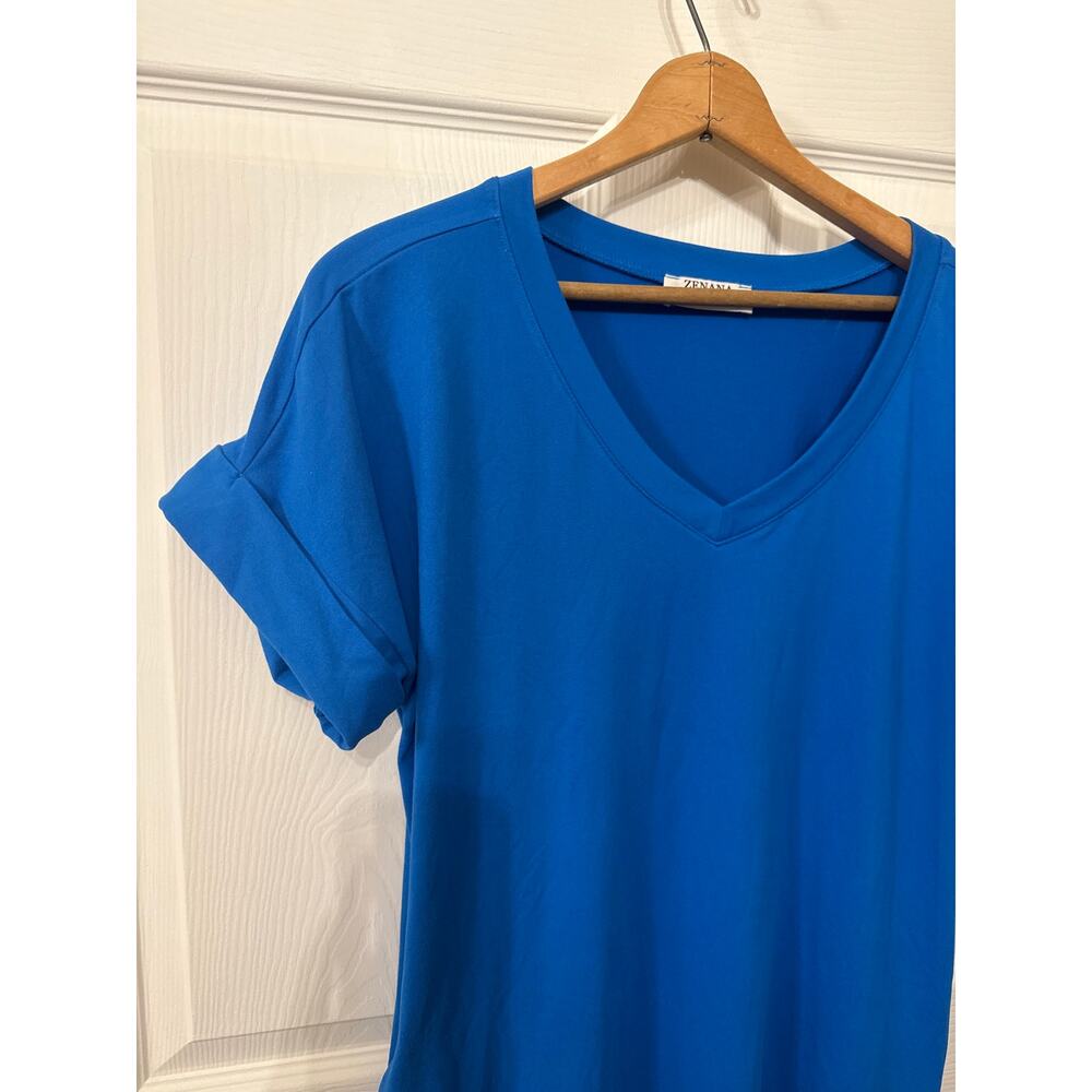 Zenana Women's Small Blue Brushed V Neck T Shirt Dress Rolled Sleeve Stretch - Picture 3 of 8